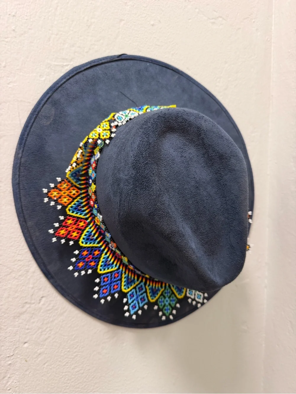 Embroidered Wide-Brim Suede Fedora Hat - Navy